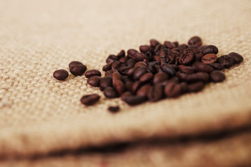 Hot espresso coffee cup and coffee beans.