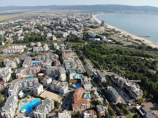 Naklejka premium Bulgaria aerial photo of the beautiful hotel and city area of Sunny Beach near Nesebar