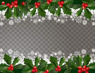 Merry Christmas and Happy New Year garland pattern border with holly berries and snowflakes on transparent background. Abstract background for xmas decoration. Vector winter holiday floral frame