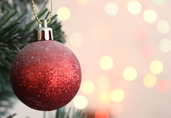 christmas tree with decorations ball gift with light bokeh background