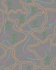  illustration of colorful tree and mountains.