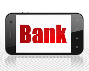 Money concept: Smartphone with red text Bank on display, 3D rendering