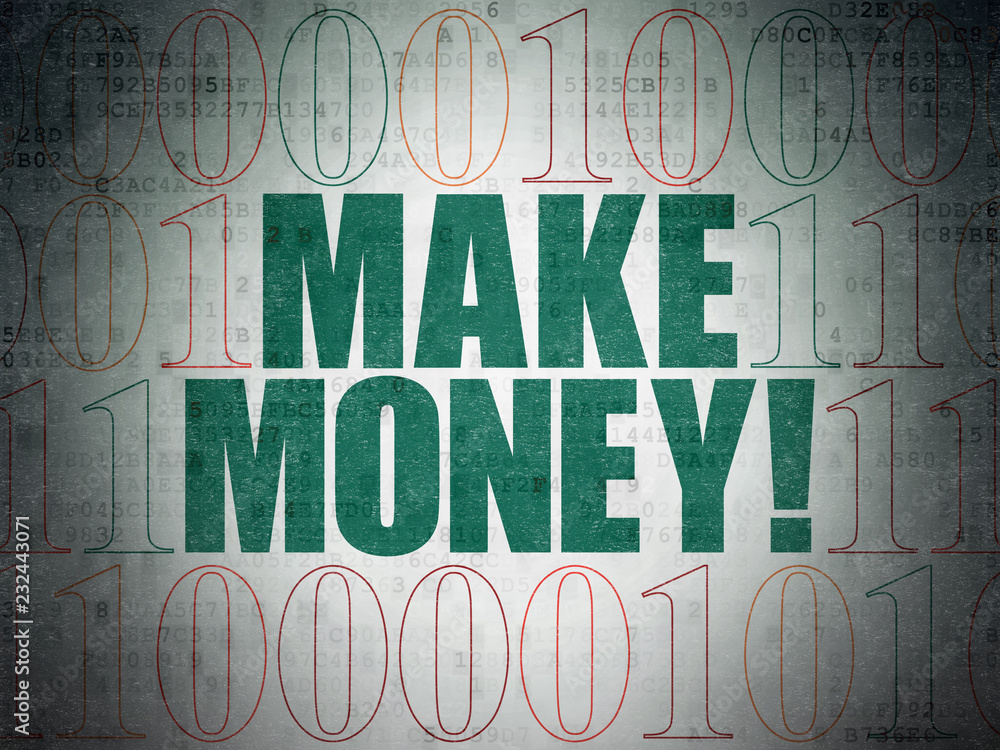 Poster finance concept: painted green text make money! on digital data paper background with binary code