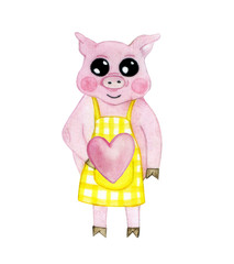 illustration cheerful pink piggy, watercolor drawing animation