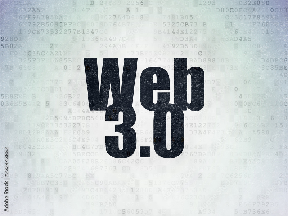 Poster web development concept: painted black word web 3.0 on digital data paper background