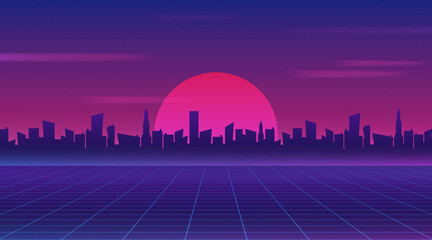 Retro future 80s style sci-fi wallpaper. Futuristic night city. Cityscape on a dark background with bright and glowing neon purple and blue lights. Cyberpunk and retro wave style vector illustration