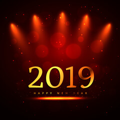 Happy New 2019 Year. Holiday vector illustration of golden numbers on red background with spotlights. Festive poster or banner design