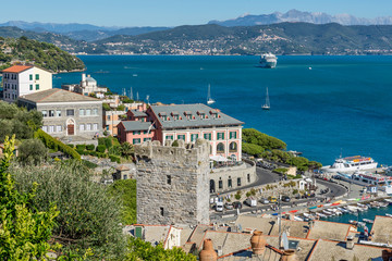 Beautiful aerial view of the Gulf of Poets from the Doria castle of Portovenere, Liguria, Italy