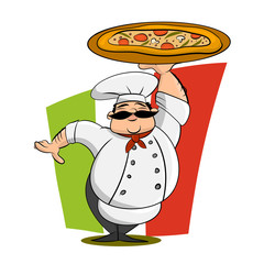 Funny Italian Chef With Pizza. Cartoon Vector Illustration.
