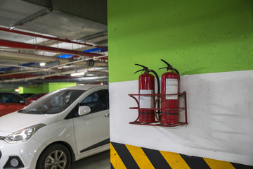 Fire extinguisher in underground basement car parking
