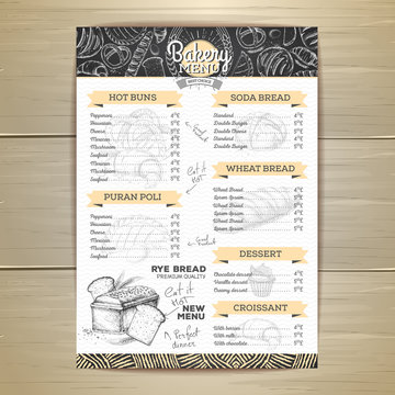 Vintage chalk drawing bakery menu design. Restaurant menu