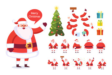 Merry Christmas. Collection of Santa Claus with presents. Front, back, side view. Flat Vector creation set.