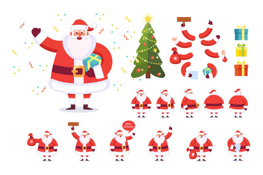 Merry Christmas. Collection of Santa Claus with presents. Front, back, side view. Flat Vector creation set.