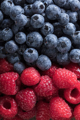  Ripe and juicy fresh blueberies and raspberies .