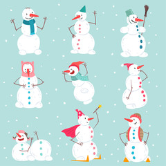 Funny emotional snowmen characters set in different situations, Christmas and New Year holidays decoration elements vector Illustration
