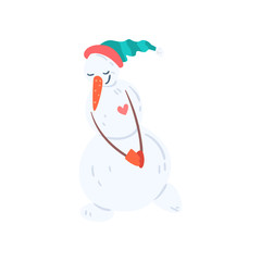 Cute funny snowman character inn a hat and mittens, Christmas and New Year holidays decoration element vector Illustration on a white background