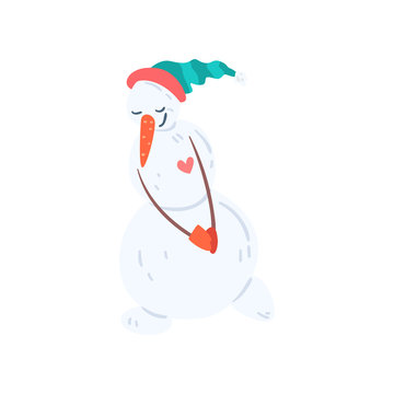 Cute funny snowman character inn a hat and mittens, Christmas and New Year holidays decoration element vector Illustration on a white background
