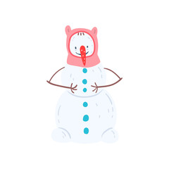 Cute funny nowman character in a hat, Christmas and New Year holidays decoration element vector Illustration on a white background