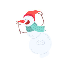 Funny smiling snowman character in a hat and scarf, Christmas and New Year holidays decoration element vector Illustration on a white background