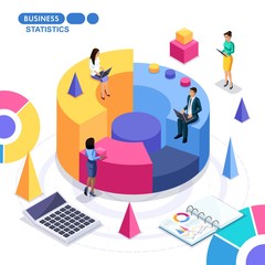 Isometric business concept, teamwork, business statistics, charts, graphs, reports. Young entrepreneurs are working on a business strategy