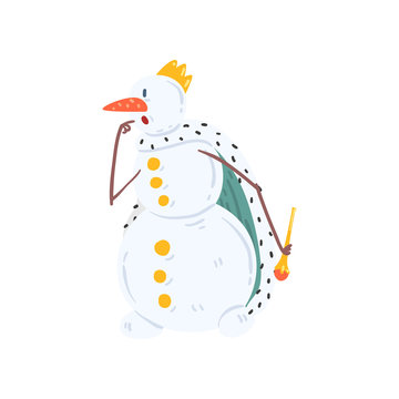 Funny king snowman character in a crown and mantle, Christmas and New Year holidays decoration element vector Illustration on a white background