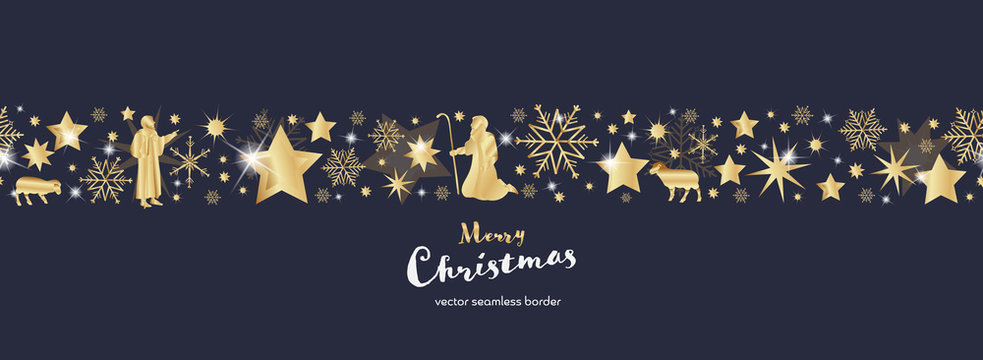 Christmas time. Dark blue and golden snowflake and star seamless border with shepherds. Text : Merry Christmas 