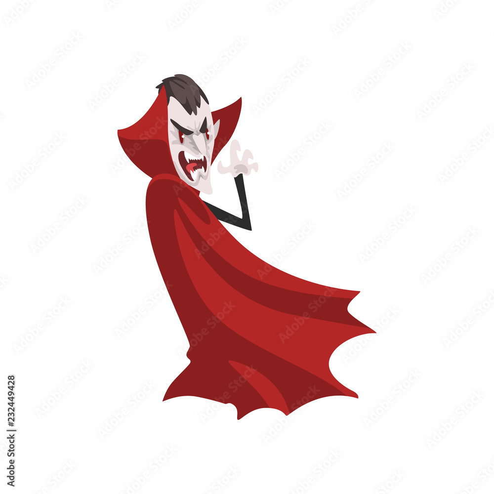 Poster furious count dracula vampire character in a red cape vector illustration on a white background