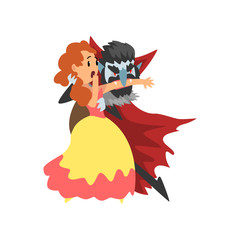 Count Dracula biting a young beautiful woman, vampire cartoon character wearing vector Illustration on a white background