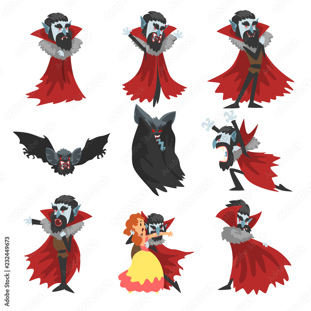 Poster reepy count dracula set, vampire cartoon character in different situations vector illustration on a 