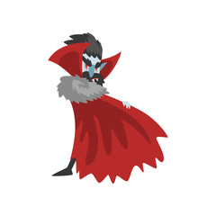 Creepy vampire cartoon character in a red cape, Count Dracula vector Illustration on a white background
