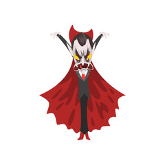  reepy furious Count Dracula with burning eyes, vampire cartoon character wearing in a red cape vector Illustration on a white background