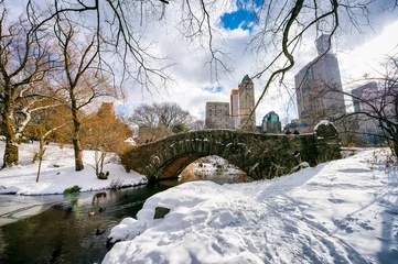 Foto auf Acrylglas Gapstow-Brücke Verschneite Winteransicht der malerischen steinernen Gapstow Bridge im Central Park nach einem Schneesturm in New York City, USA