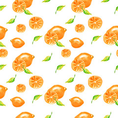 Watercolor painting, vintage seamless pattern - tropical fruits, citrus, slices of lemon, orange. Hand drawn art illustration. Artistic abstract watercolor seamless pattern.