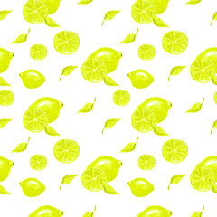 Watercolor painting, vintage seamless pattern - tropical fruits, citrus, slices of lemon, orange. Hand drawn art illustration. Artistic abstract watercolor seamless pattern.