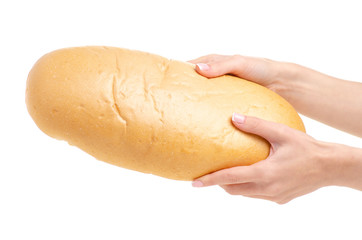 White bread food in hand on a white background. Isolation.