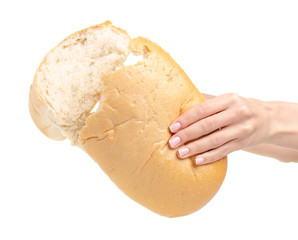 White bread food in hand on a white background. Isolation.