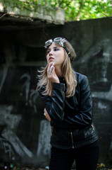 Fototapeta premium beautiful girl in leather jacket