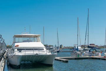 Fototapeta premium Mangalia, Constanta, Romania - July 7, 2017: boat anchored at the Mangalia's harbor in Romania, Europe.