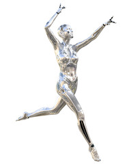 Dance robot woman. Metal shiny silver droid. Artificial Intelligence. Conceptual fashion art. Realistic 3D render illustration. Studio, isolate, high key.