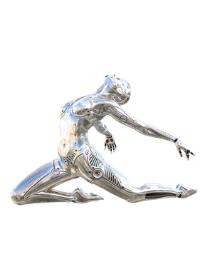 Dance robot woman. Metal shiny silver droid. Artificial Intelligence. Conceptual fashion art. Realistic 3D render illustration. Studio, isolate, high key.
