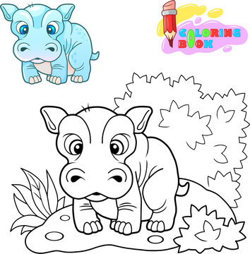 cartoon cute hippo, funny illustration, coloring book