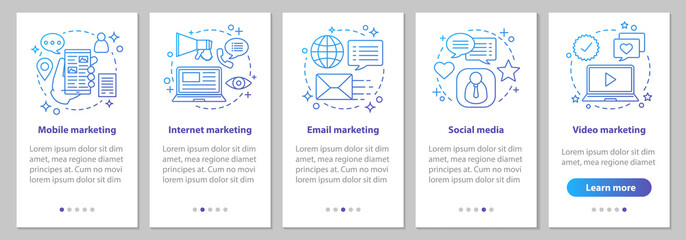 Internet marketing onboarding mobile app page screen with linear