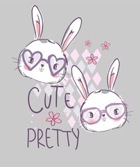 Hand Drawn Cute rabbit with glassesVector Illustration, Childrens Print Design for T-Shirt, Childish theme textile.