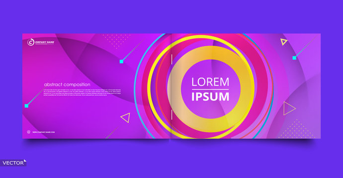 Abstract composition. Text frame surface. Blue, yellow, pink. Dynamic shapes composition cover design. Title sheet model set. Circle of color. Vector front page font. Ad banner form texture. Icon.