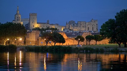 Evening shot of Avignon, France, former residence of the Popes. 4K, UHD
