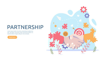 Business partnership relation concept with hand shake and tiny people character. team working together template for web landing page, banner, presentation, mockup, social media. Vector illustration.