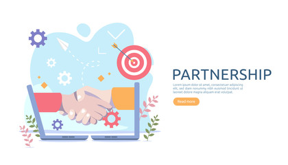 Business partnership relation concept with hand shake and tiny people character. team working together template for web landing page, banner, presentation, mockup, social media. Vector illustration.