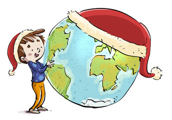 niño con planeta tierra y gorro de navidad © cirodelia