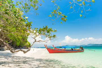 White sand beach and Long-tail boat at Khang Khao Island (Bat island), The beautiful sea Ranong Province, Thailand.