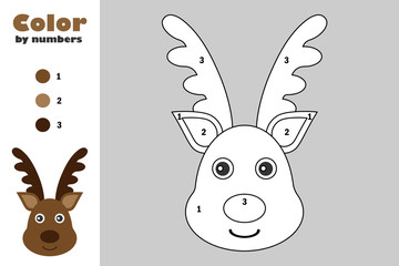 Deer in cartoon style, color by number, christmas education paper game for the development of children, coloring page, kids preschool activity, printable worksheet, vector illustration